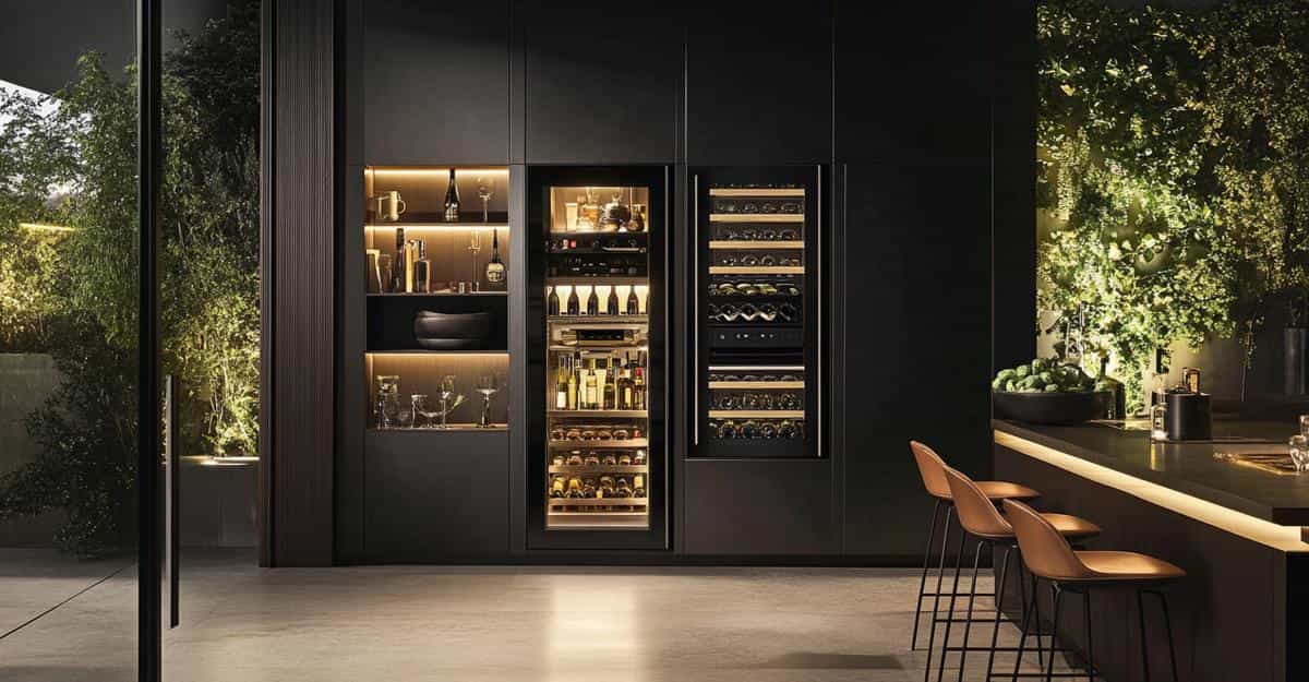 Modern black kitchen bar with wine cooler and open display shelves.