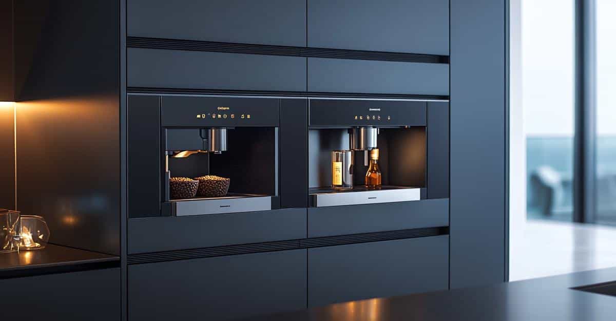 Built-in black coffee machines in luxury kitchen with warm undercabinet lights.