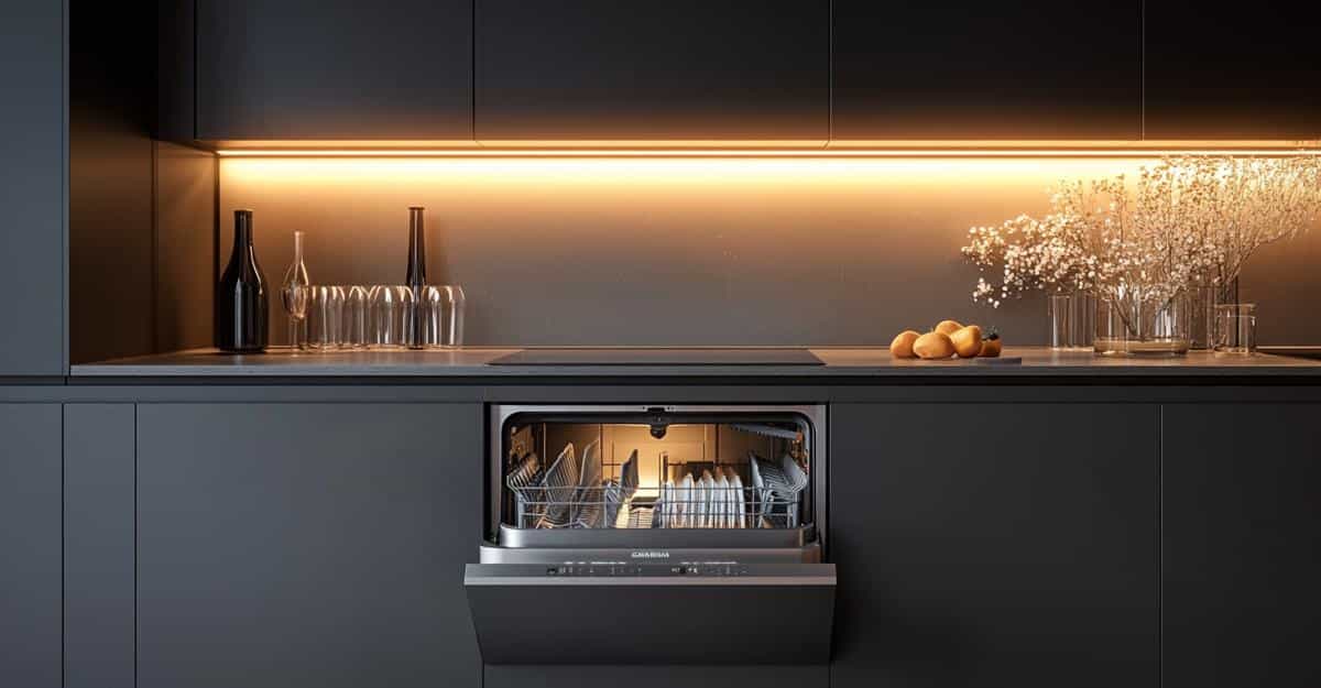 Built-in dishwasher in black kitchen with minimalist decor and warm lighting.