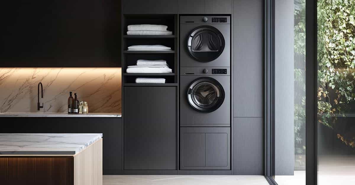 Black utility kitchen with stacked washer dryer and open towel shelving.