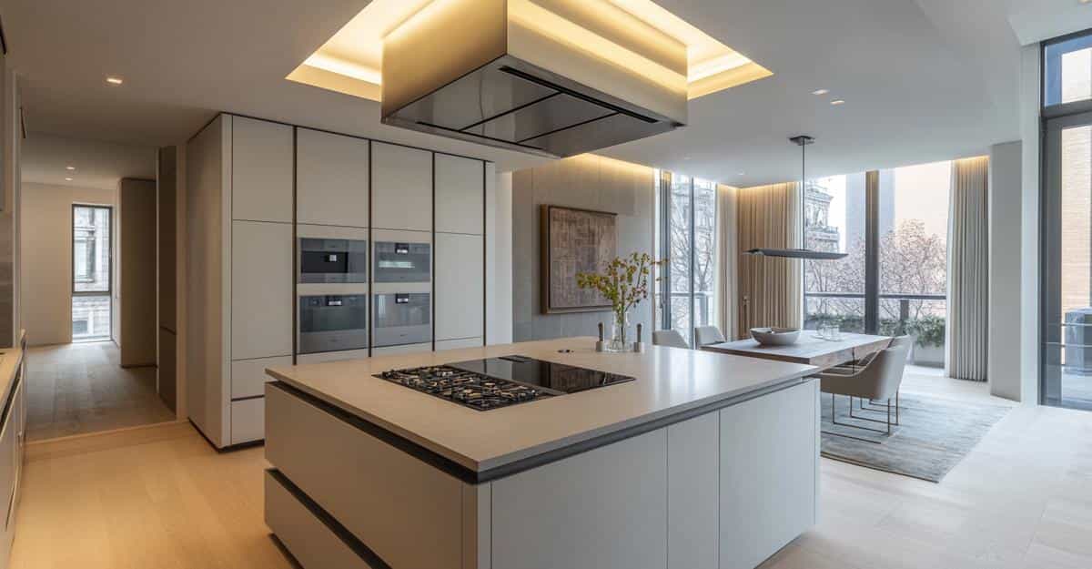 Light-toned kitchen with island cooktop and built-in ovens near dining area.