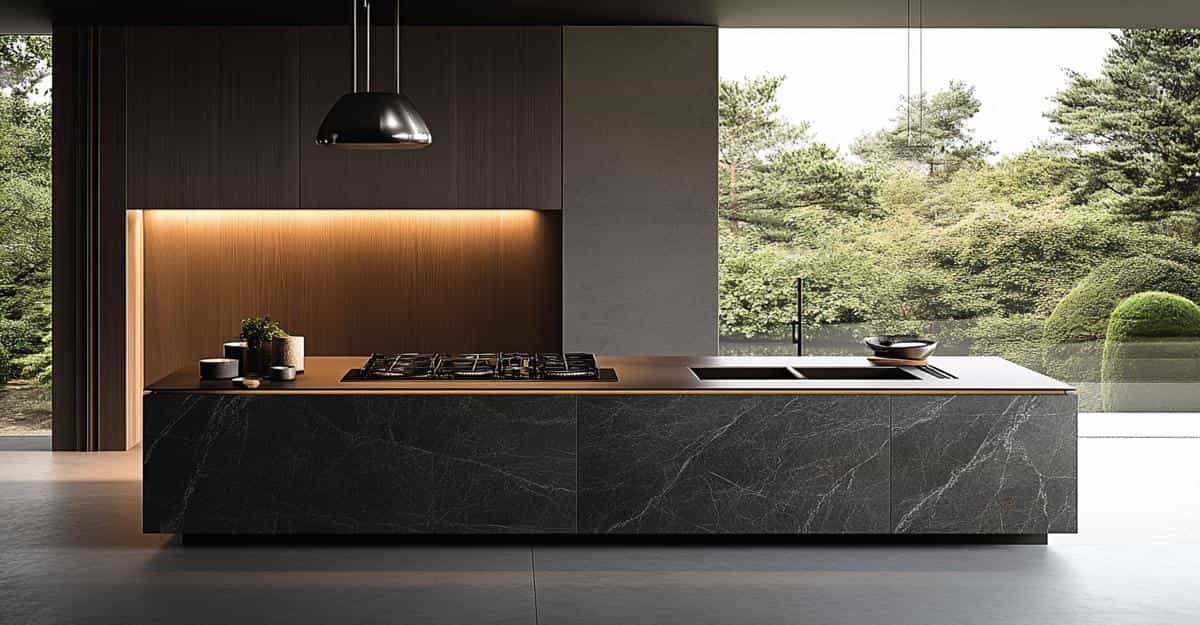 Black marble kitchen island with gas hob and sink facing garden view.