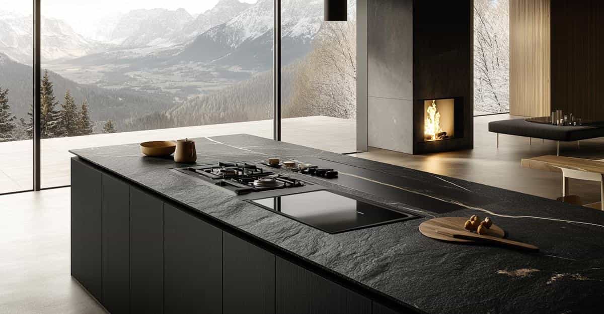 Textured black kitchen island with cooktop and panoramic mountain view.