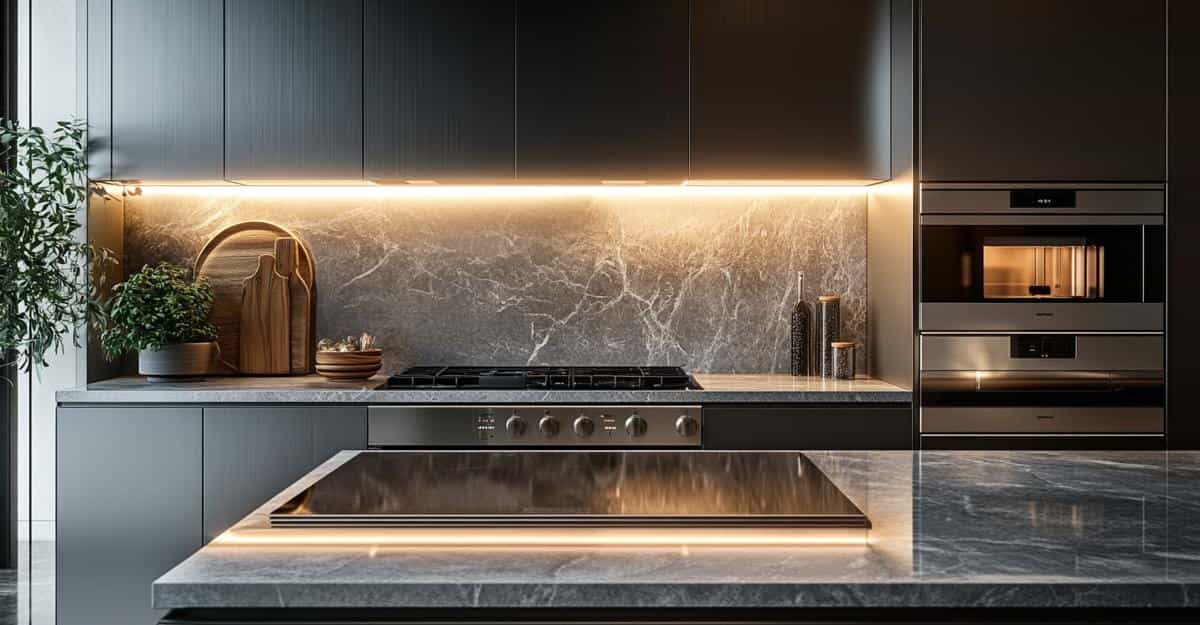 Grey stone kitchen with gas hob and integrated oven in sleek dark units.