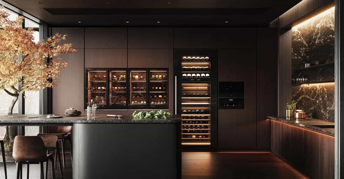 Luxury kitchen with wine fridge wall and dark stone island with tree accent.
