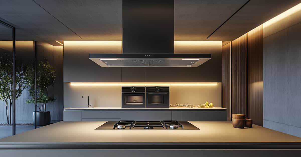Sleek modern kitchen with central gas hob island and dual ovens.