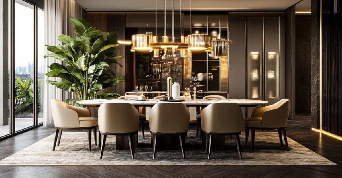 Luxurious dining room with beige chairs and a gold chandelier.