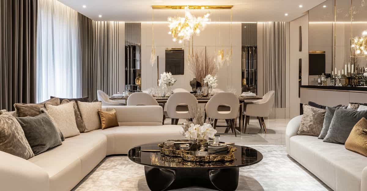 Elegant living room with plush sofa and contemporary dining area