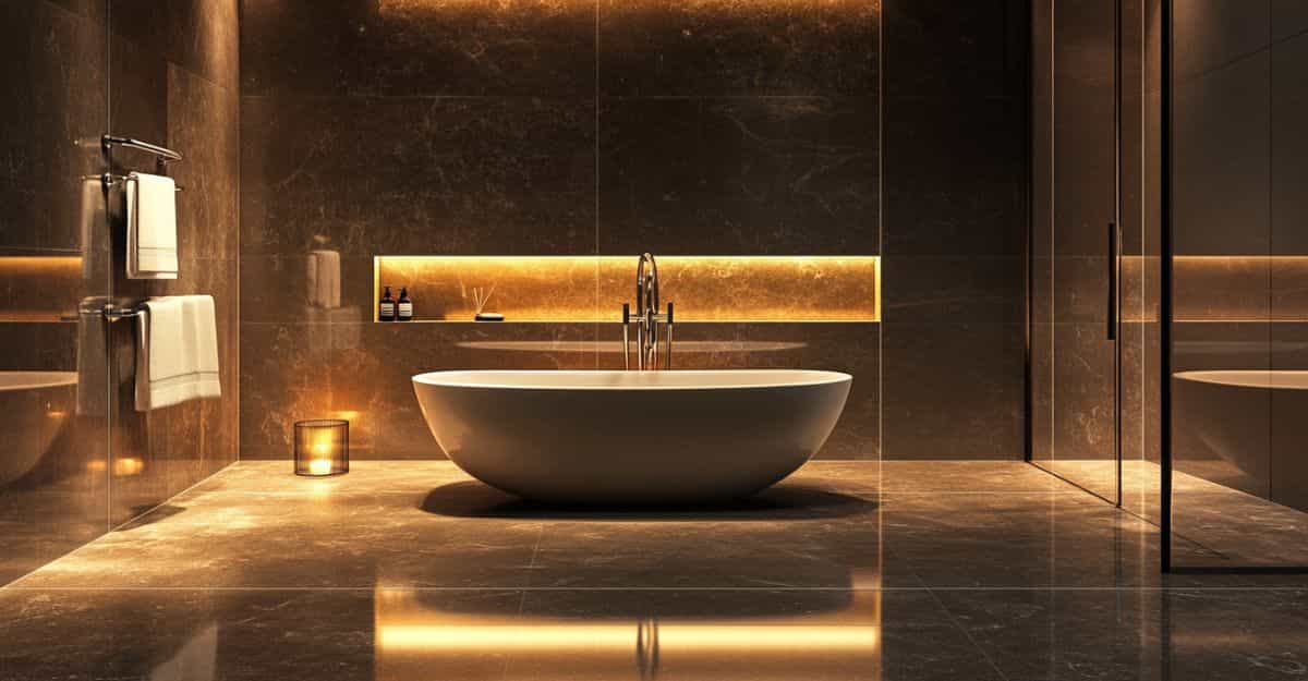  Elegant bathroom with freestanding tub, golden accents, and ambient lighting.
