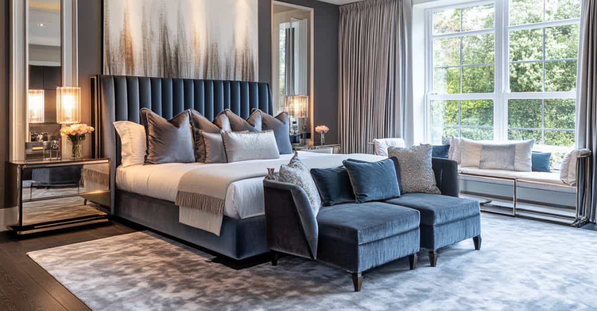 Sophisticated blue-toned bedroom with plush bedding and stylish accents.