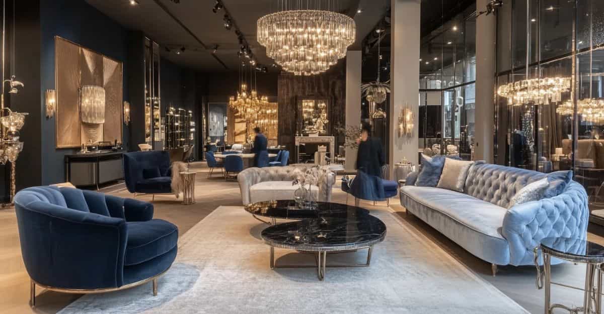 Luxury showroom with velvet blue armchairs, tufted sofa, and a marble coffee table.
