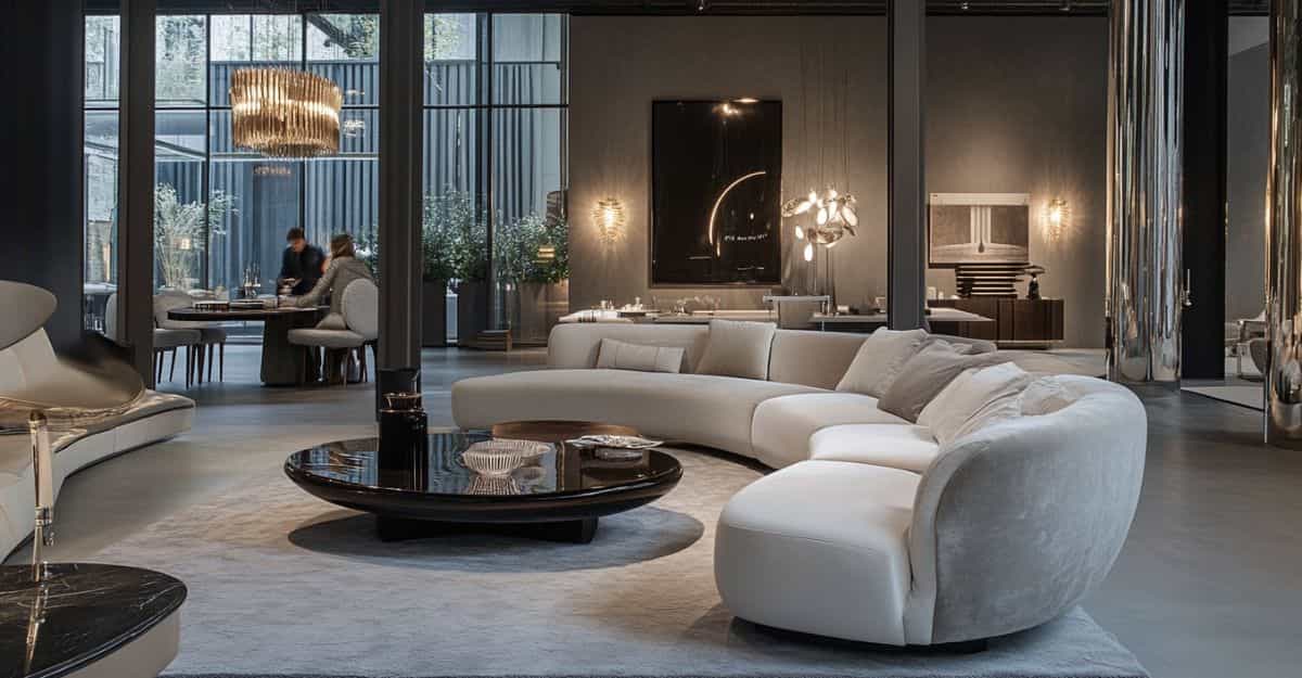 Contemporary white curved sofa with a dark round coffee table in a chic living room.