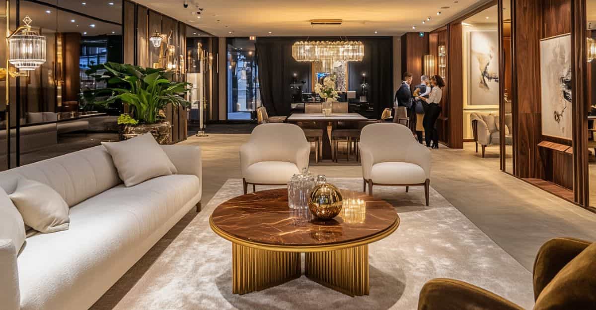 Modern luxury living room with elegant furniture and chandelier