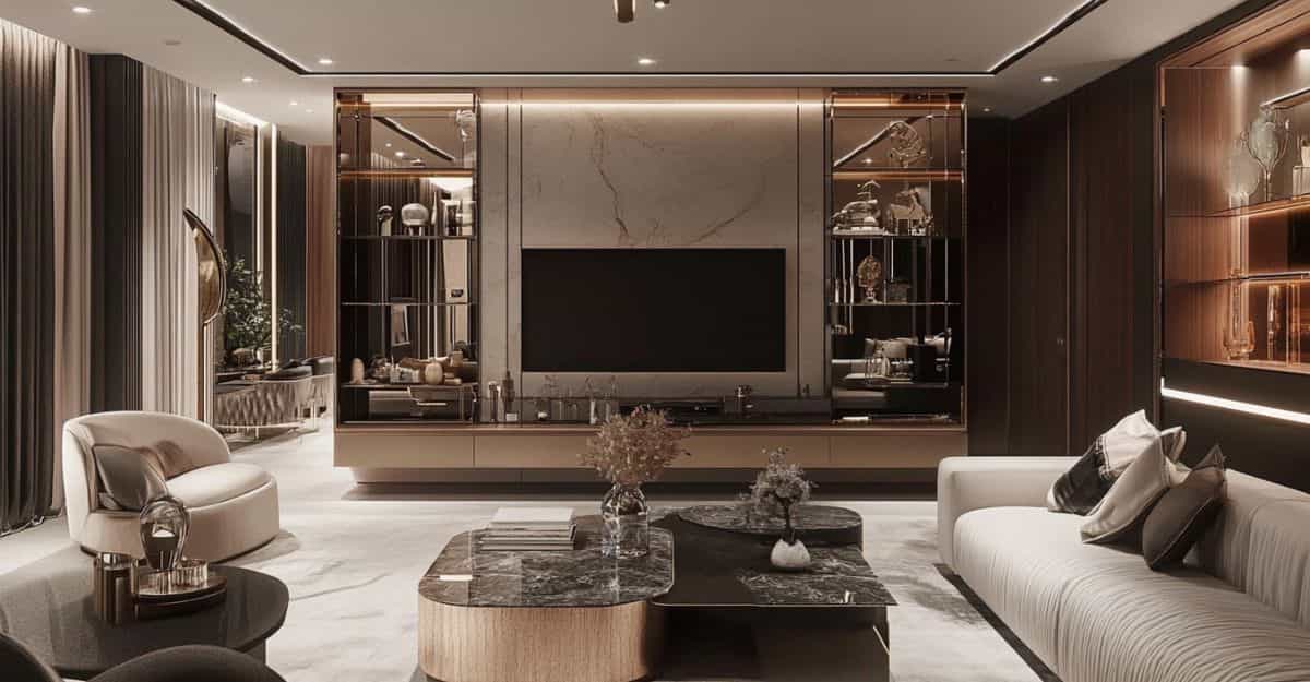 Modern living room with large TV, luxurious seating, and marble coffee table.