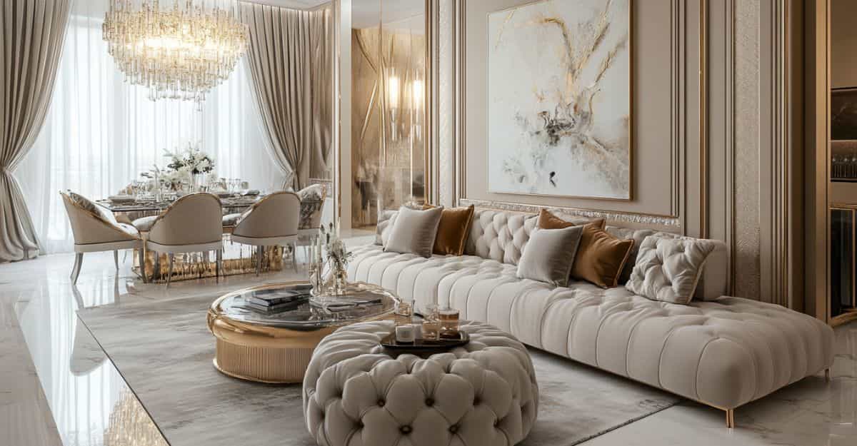 Luxurious living room with beige sofa, glass coffee table, and elegant dining area