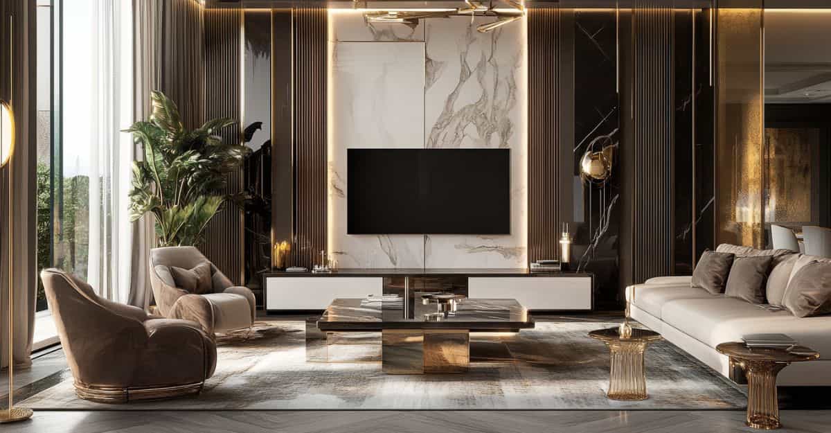 Sophisticated black and gold living room with modern furniture and sleek TV setup