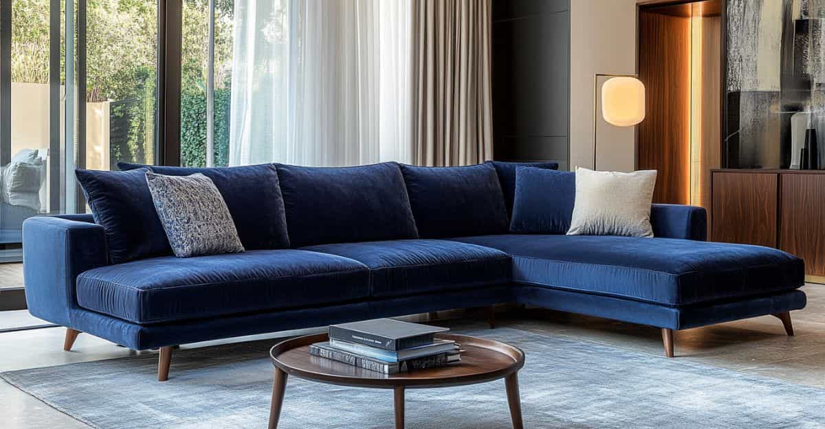 Blue velvet corner sofa with a round coffee table in a modern living room.