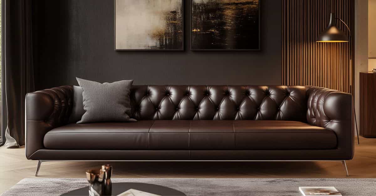 Brown leather tufted sofa with a grey cushion in a modern living room