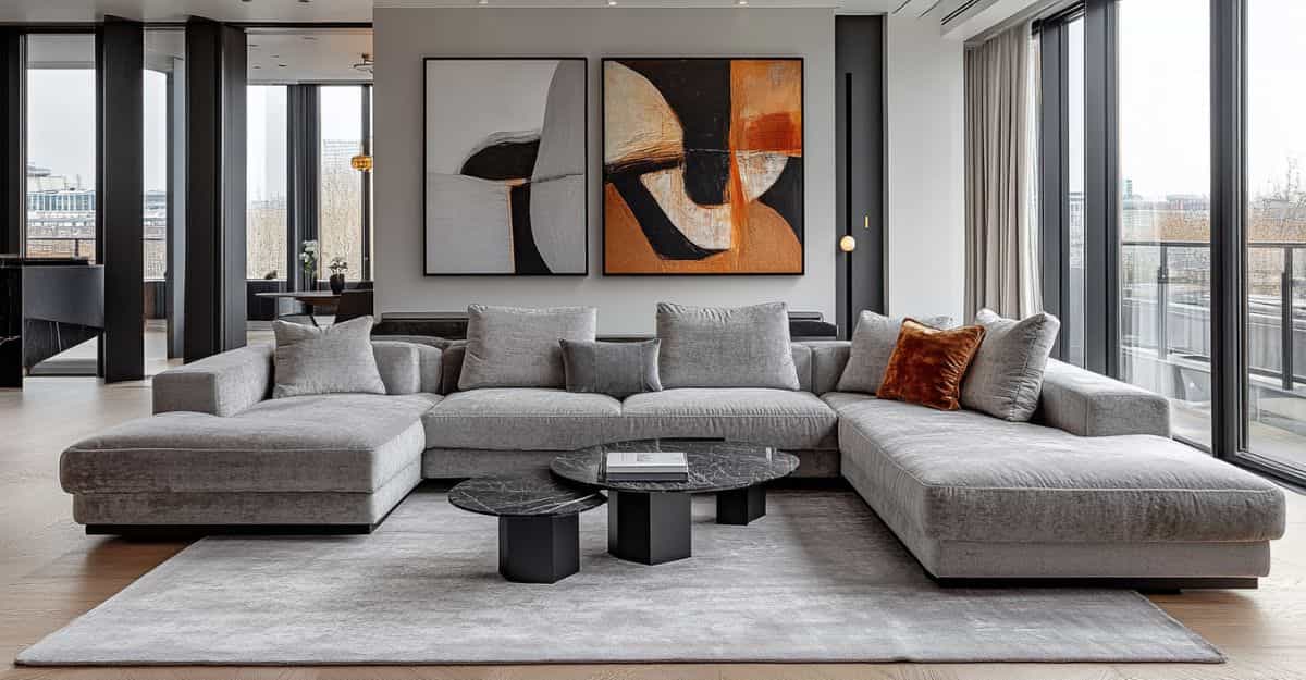 Grey bespoke L-shaped sofa with plush cushions in modern living room.