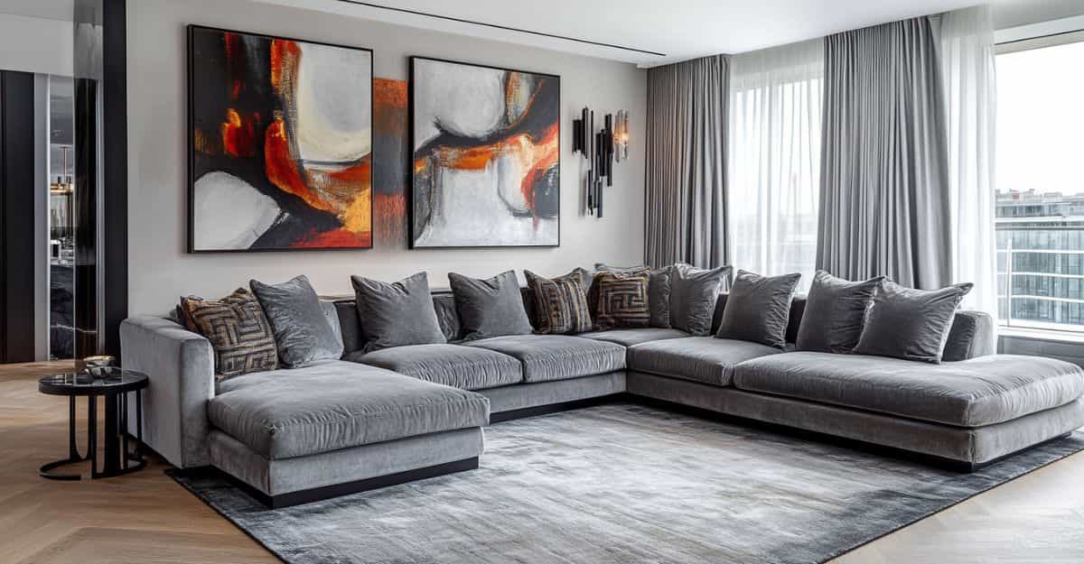 Grey sectional sofa with art on the wall in a modern living room.