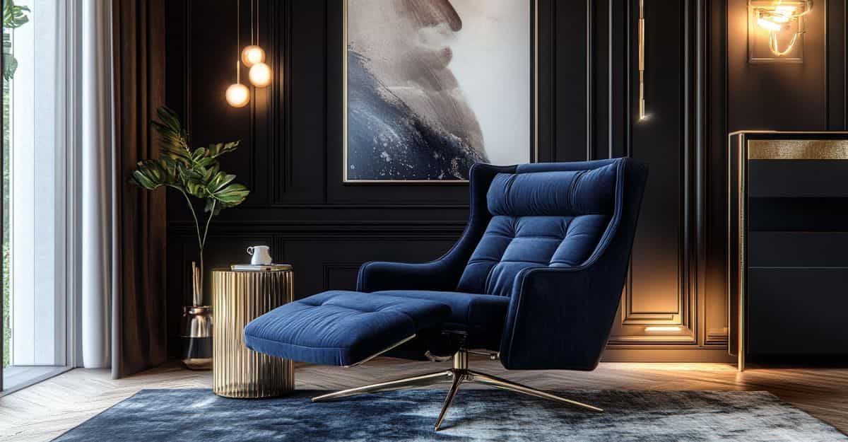 Luxury blue recliner chair with gold accents in a chic modern living room.