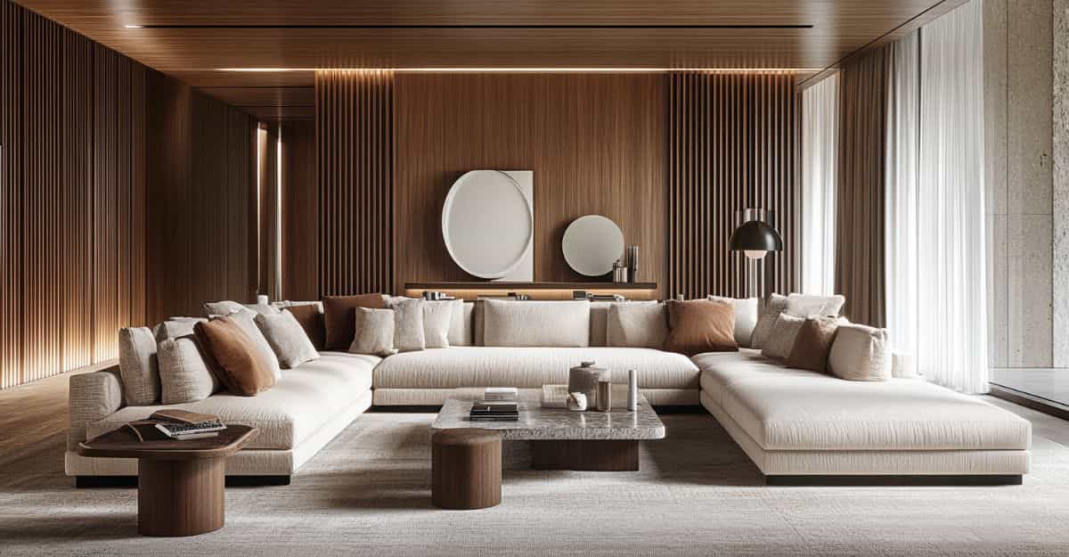 Contemporary sectional sofa in beige with brown pillows in modern luxury living room.
