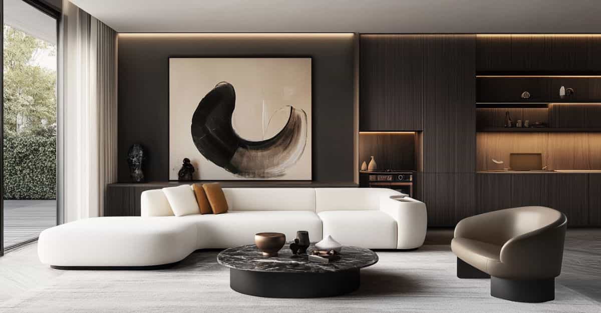 Modern white corner sofa with black marble coffee table and abstract wall art.
