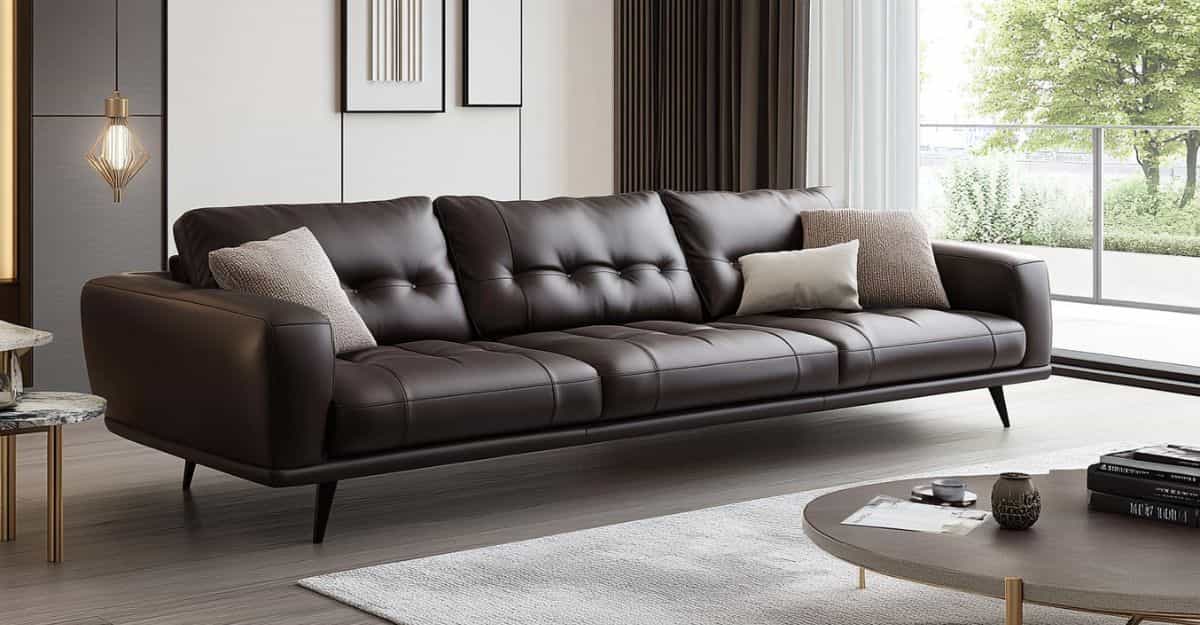 Modern dark brown leather sofa with button-tufted cushions and sleek metal legs.