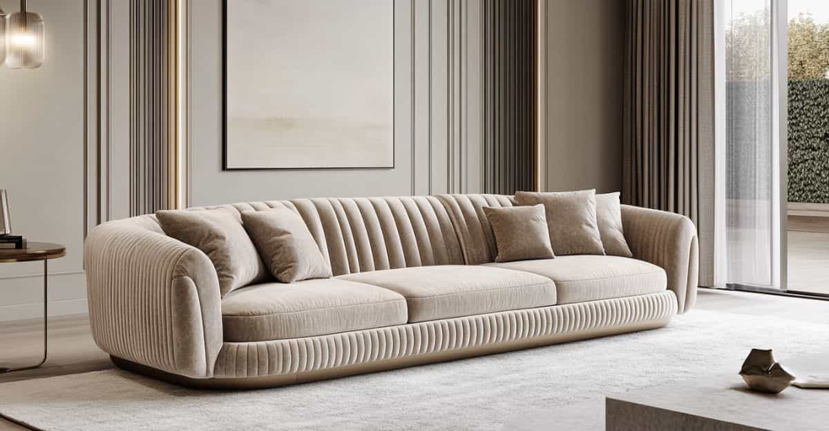 Beige velvet sofa with ribbed design and matching cushions in a modern living room.