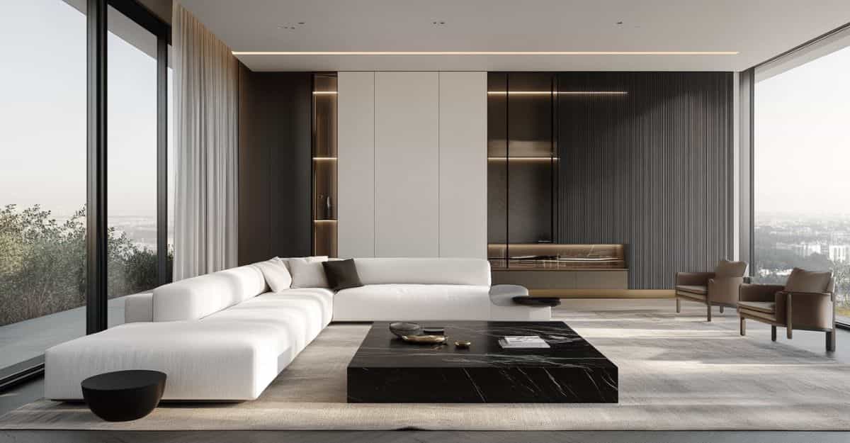 White corner sofa in a modern living room with a minimalist design.