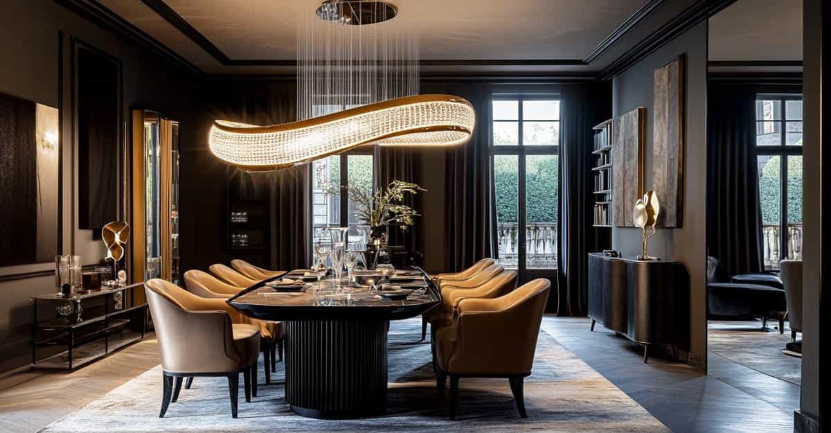 Chic dining room with golden chairs, a crystal light fixture, and dark walls.