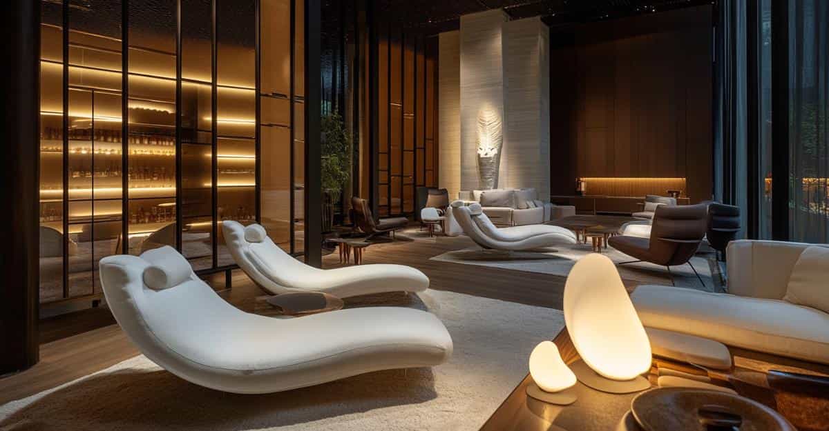 Contemporary lounge area with white lounge chairs and elegant lighting fixtures.
