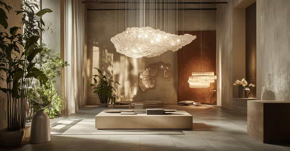 Bright and minimalist living room with plants and hanging light fixtures.