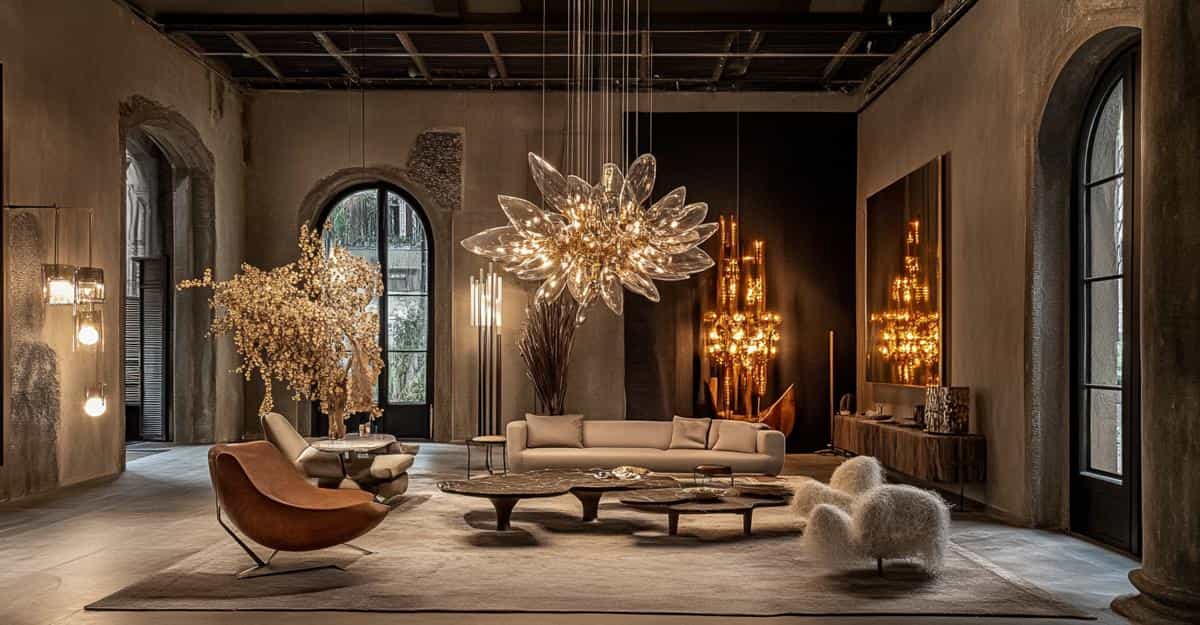 Spacious living room with a statement chandelier, plush seating, and large windows.