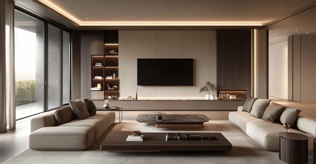 Comfortable beige sectional sofa with a low coffee table in a spacious living room.