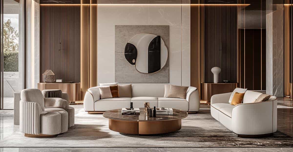 White sofas and armchairs in a minimalist lounge with a round coffee table.