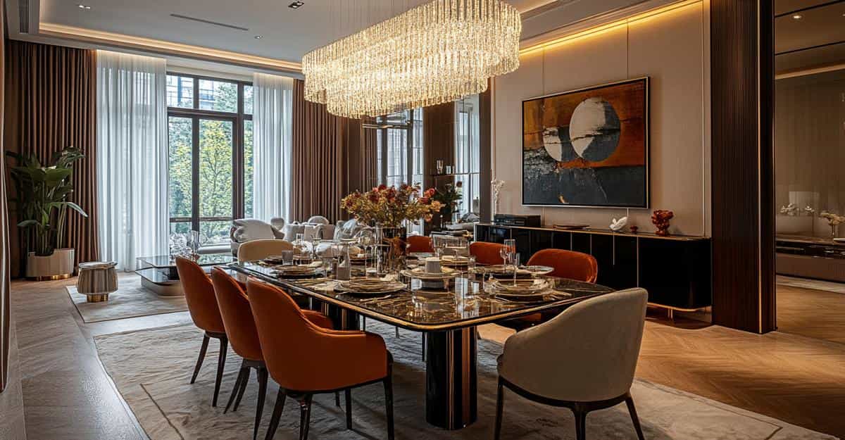Elegant dining room with a long table, plush chairs, and a crystal chandelier.