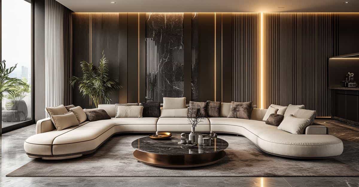 Curved beige sectional sofa with plush cushions in a modern living room.