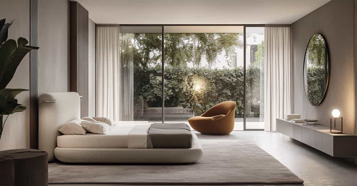 Modern bedroom with a low-profile bed, brown accents, and floor-to-ceiling windows.