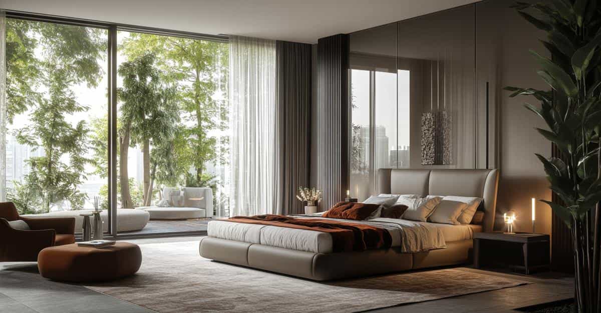 Modern bedroom with a king-sized bed, soft bedding, and glass windows overlooking nature.Luxury living room with modern furniture and decor elements in FCI London showroom