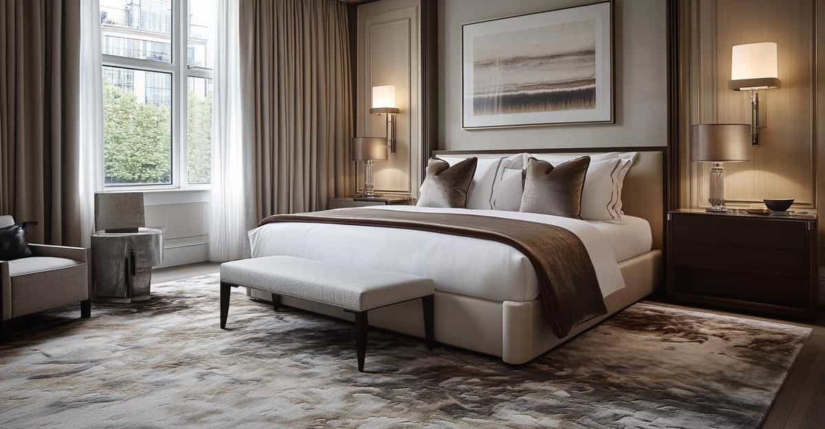 Modern bedroom with a cream upholstered bed, taupe throw, and large neutral rug.