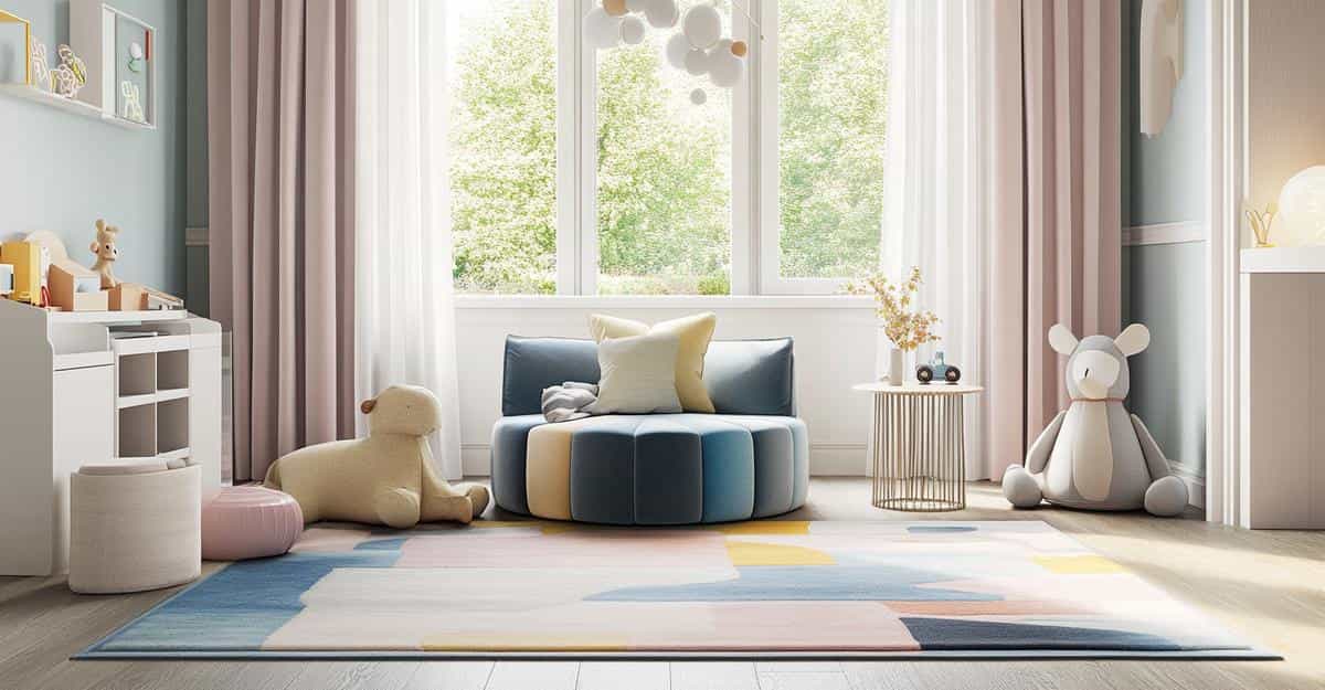 Colourful kids playroom with pastel seating, plush toys, and abstract patterned rug.