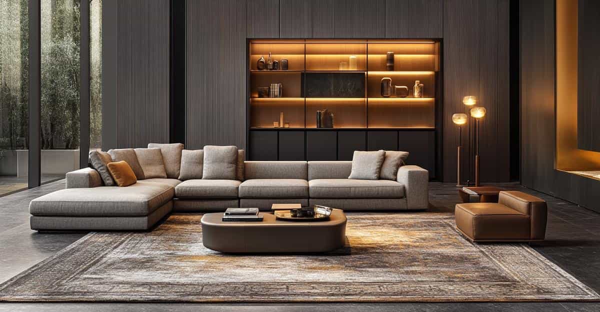 Modular beige corner sofa with brown accents in a luxury lounge with backlit shelving.