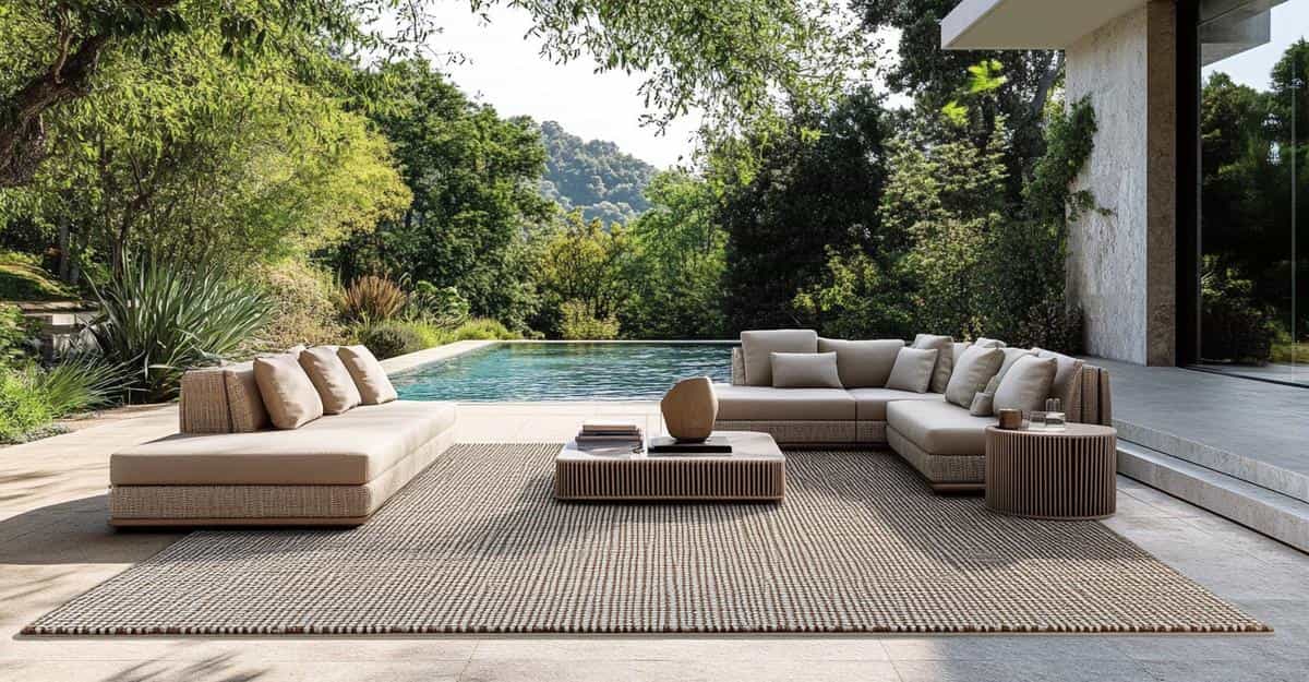 Outdoor rattan corner sofa in beige with low table by a pool surrounded by greenery.