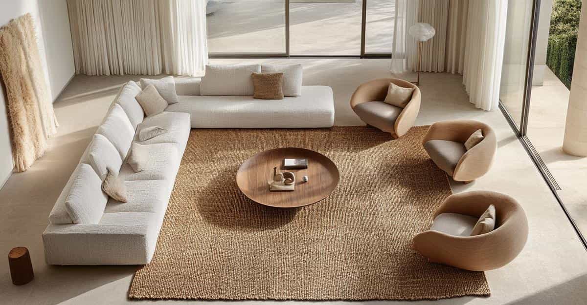Coastal-style living room with cream sectional sofa and rattan armchairs on a jute rug.