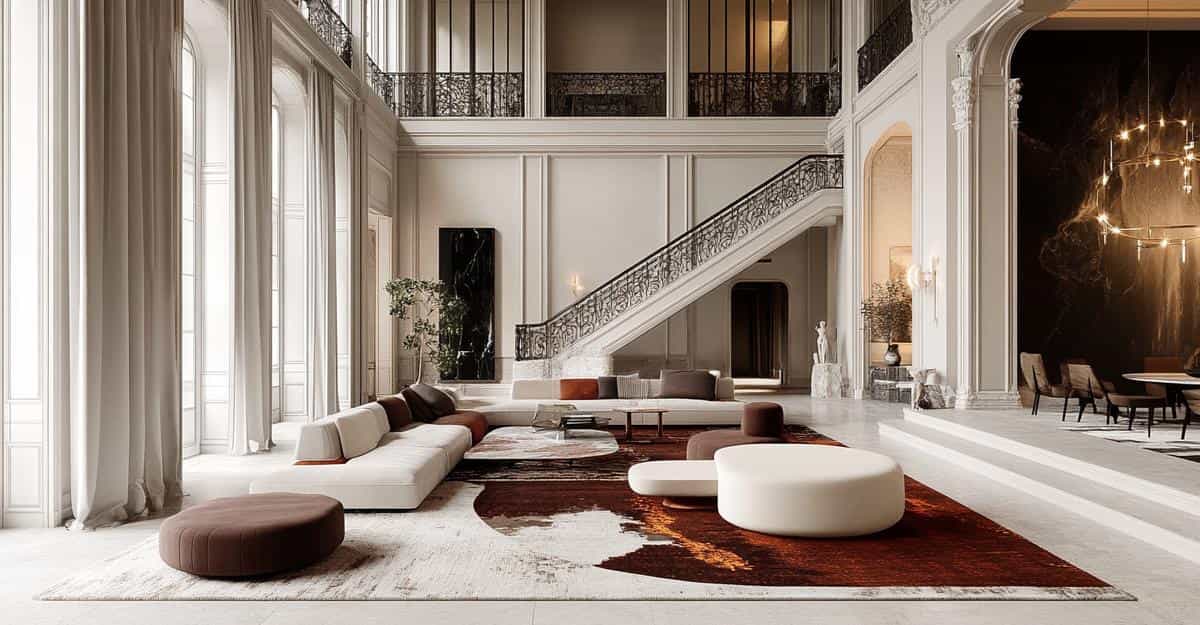 White and rust sectional sofas in a grand living room with marble flooring and staircase.