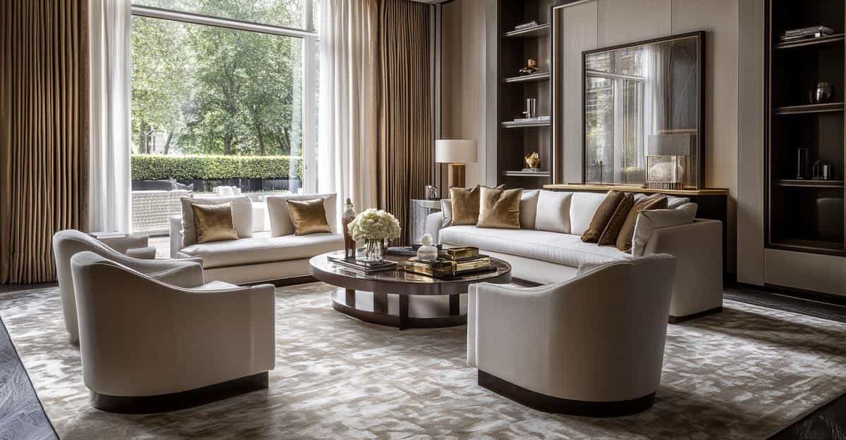 Elegant cream sofa set with gold cushions in a luxury living room with full-height windows.