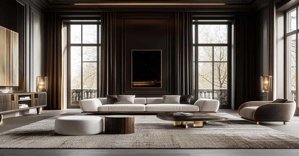 Luxury black-panelled living room with a white curved sofa and round coffee table.
