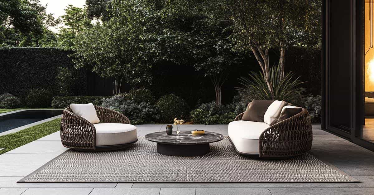 Pair of outdoor woven lounge chairs with white cushions and black marble coffee table.