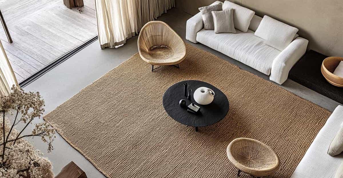 Natural fibre rug with white sofa and woven chairs in a modern indoor-outdoor lounge.
